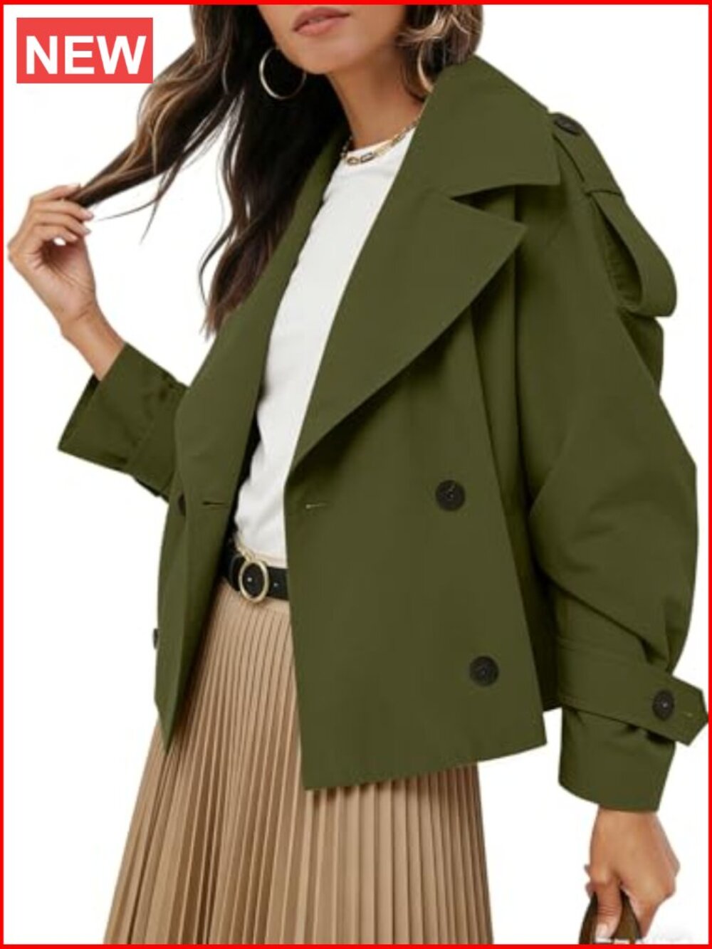 Women's Cropped Trench Coat Double Breasted Short Work Jacket with Belt - Picture 2 of 4